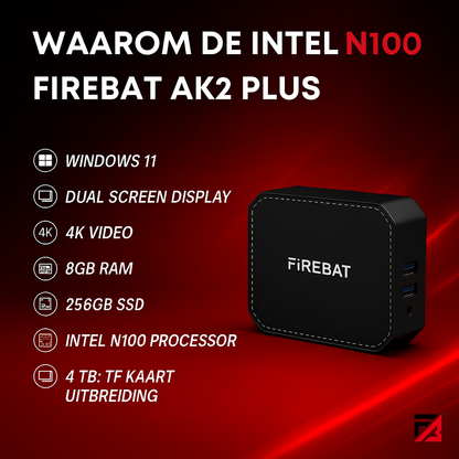 Firebat AK2 Plus Mini PC - Windows 11 - Multitasking PC - 8 GB RAM - 256 GB SSD - Intel® N100 - Octa-Core Processor - Meerdere Schermen - 4K - 120Hz