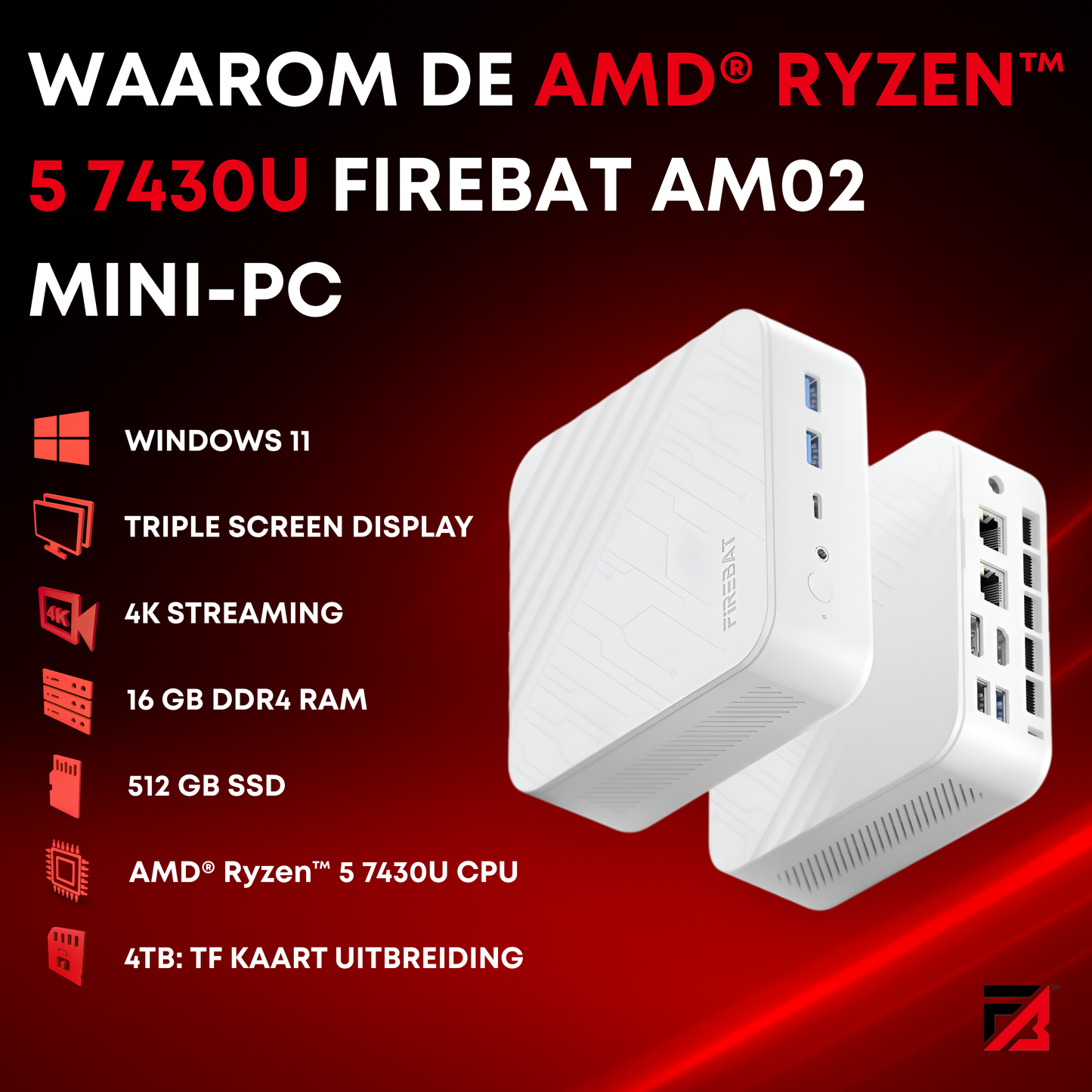 Firebat AM02 Mini PC - Windows 11 - Gaming PC - AMD Ryzen™ 5 7430U - 16 GB RAM - 512 GB SSD - Meerdere Schermen - 4K - 240Hz